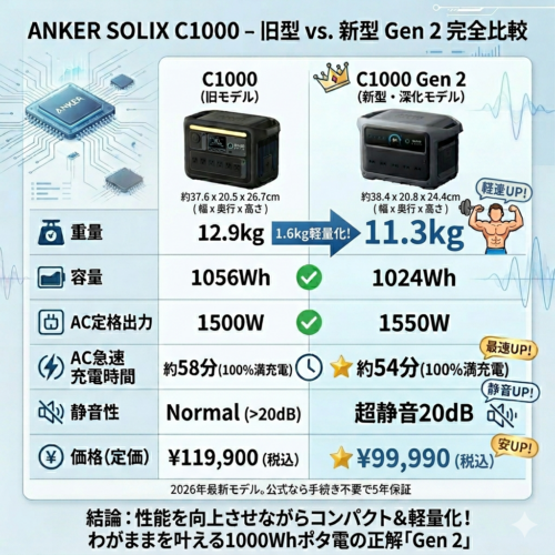 Anker Solix C1000 Gen 2と旧モデル(Anker Solix C1000)との比較説明画像