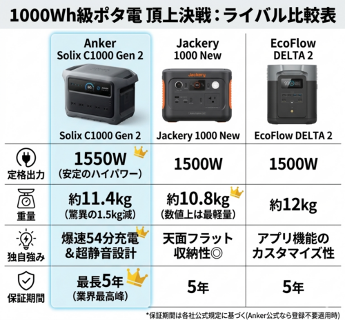 Anker SolixC1000 Gen 2とライバル機種(Jackery 1000 New、EcoFlow DELTA 2)との比較説明画像