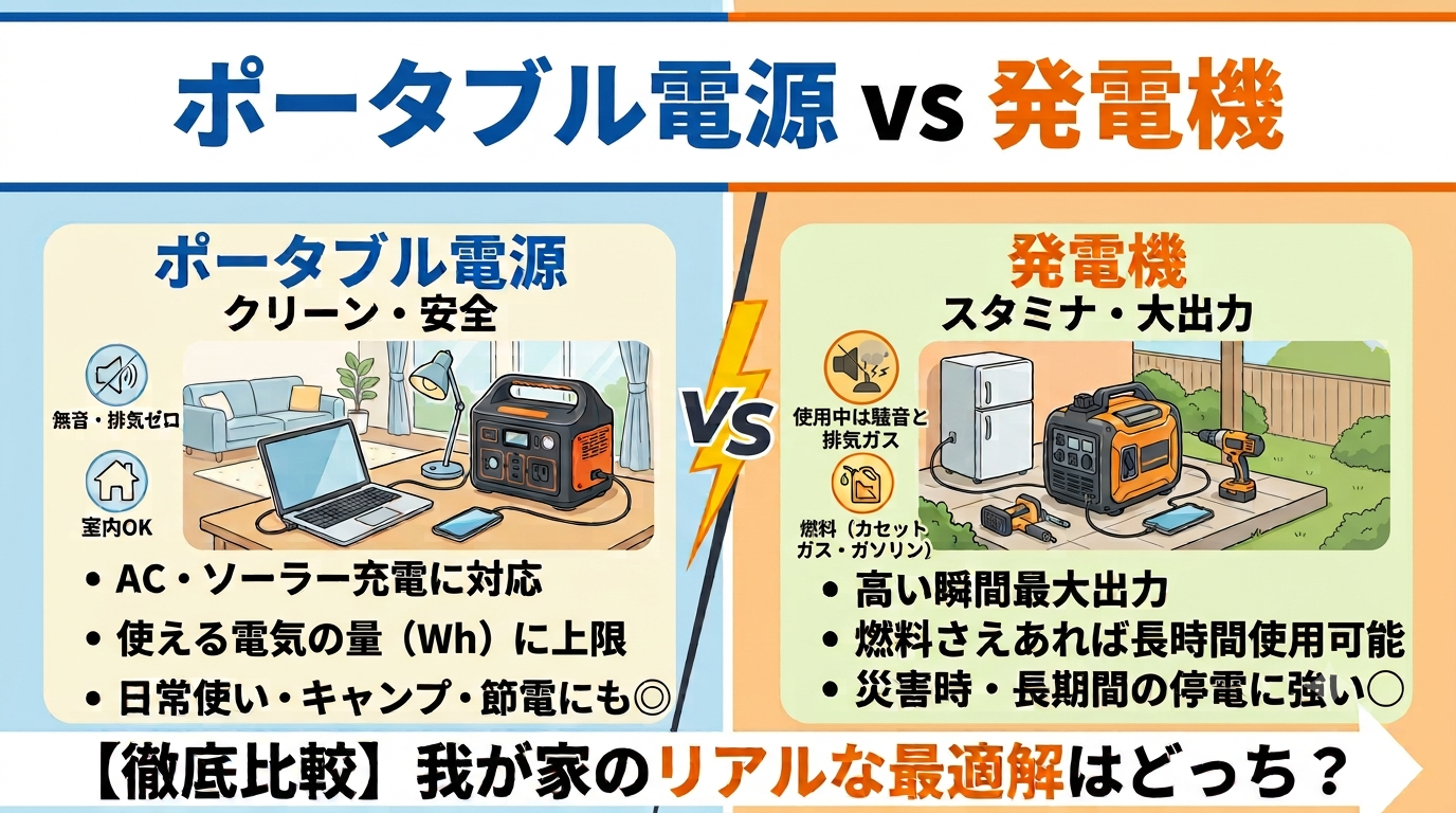 ポタ電vs発電機の違いを徹底比較！一般家庭の防災に本当に使えるのは